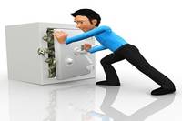 3D Business man locking a safe box full of money - isolated