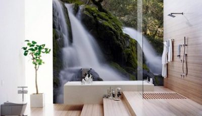 Фотообои с водопадом в ванной и комнатах