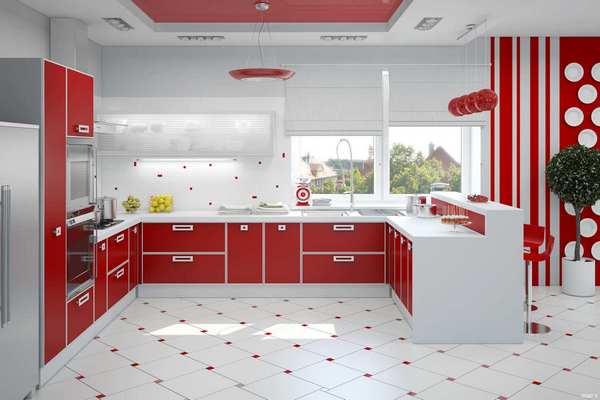 Красная кухня: варианты выбора обоев