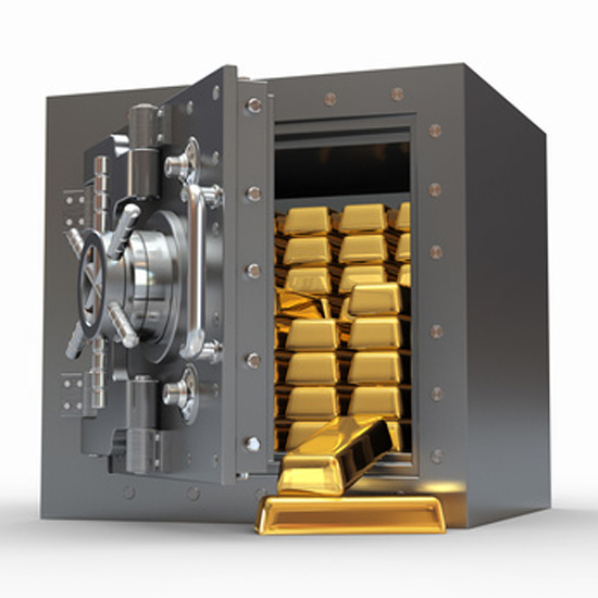 Stack of golden ingots in bank vault. 3d